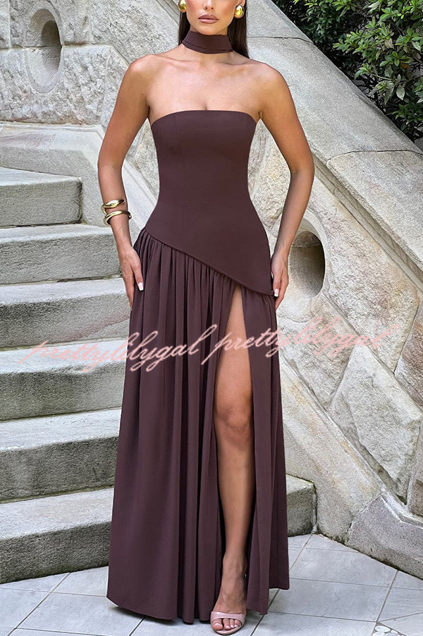 Elegant Off Shopulder Chiffon Pleated Hem Scarf Slit Maxi Dress