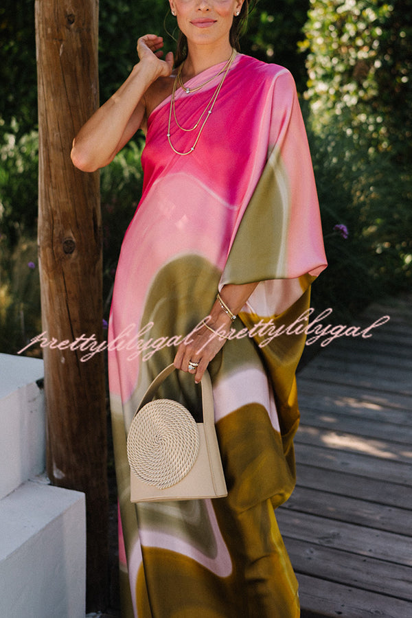 Summertime Favorites Satin Tie Dye Print One Shoulder Drape Vacation Maxi Dress