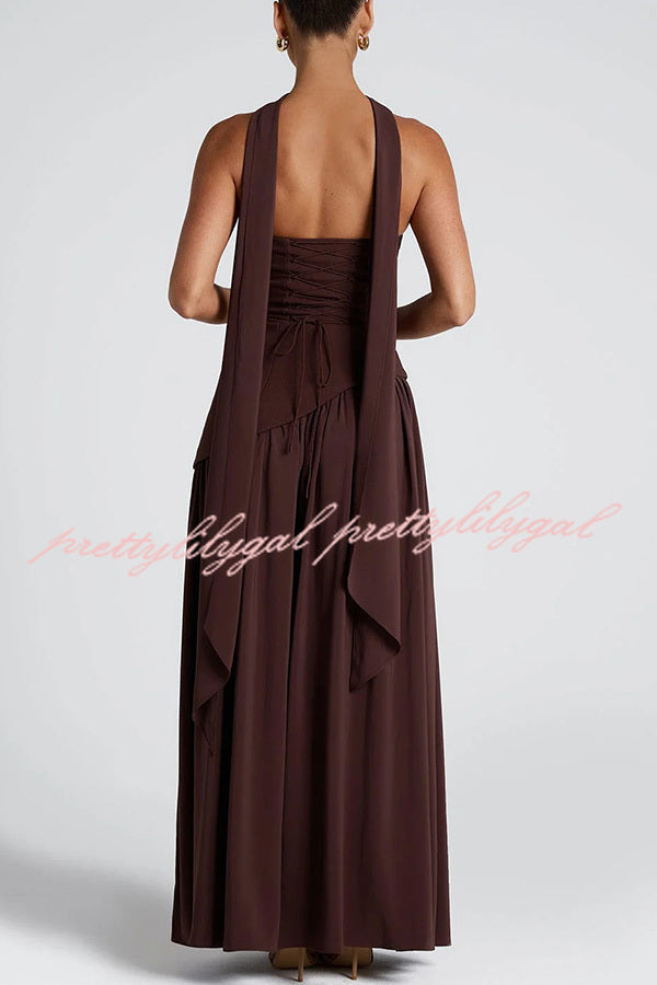 Elegant Off Shopulder Chiffon Pleated Hem Scarf Slit Maxi Dress
