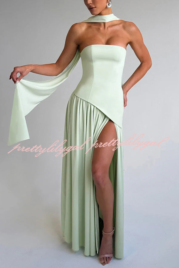 Elegant Off Shopulder Chiffon Pleated Hem Scarf Slit Maxi Dress