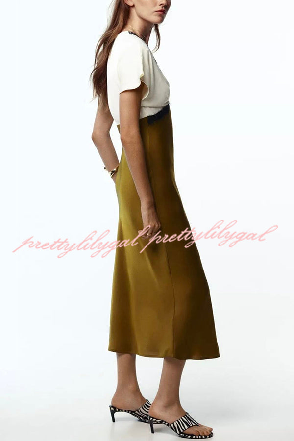 Fashionable Contrast Color V-neck Lace Stitching Maxi Dress