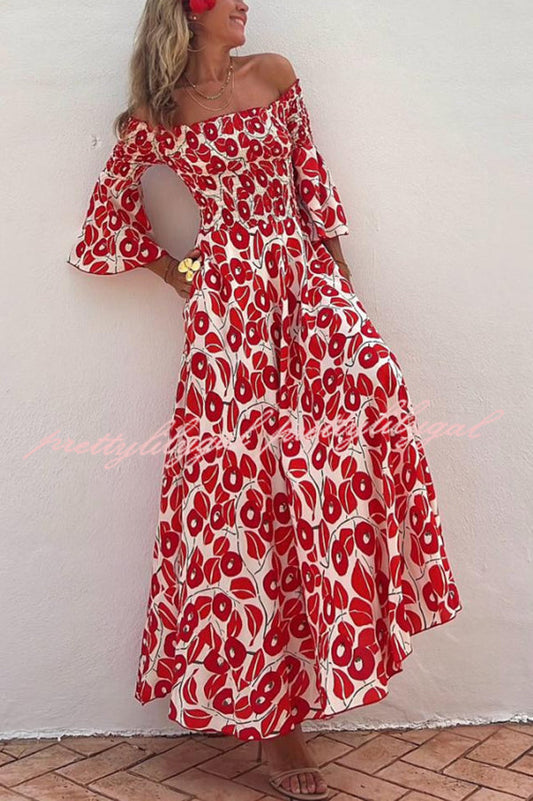 Close To The Vacation Floral Print Smocked Off Shoulder Pocketed Maxi Dress