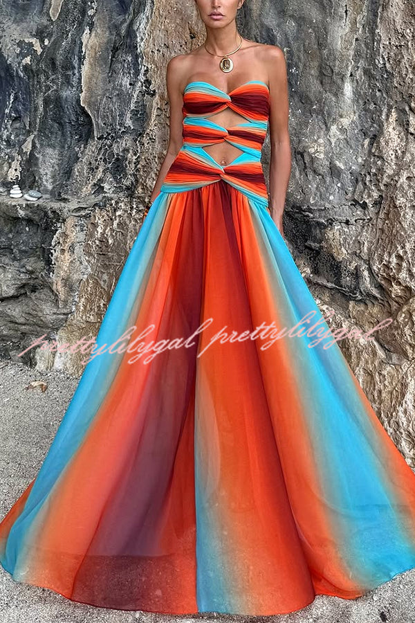 Sardinia Sunset Mesh Printed Twist Cutout Off Shoulder Vacation Maxi Dress