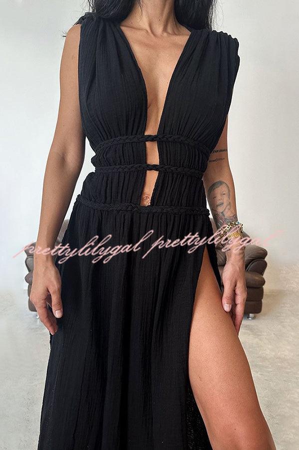 Boho with Elegance Linen Blend Braids Belt Cutout Slit Kaftan Maxi Dress
