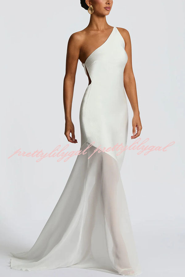 Fable Satin One Shoulder Back Adjustable Straps Contrast Chiffon Hem Maxi Dress