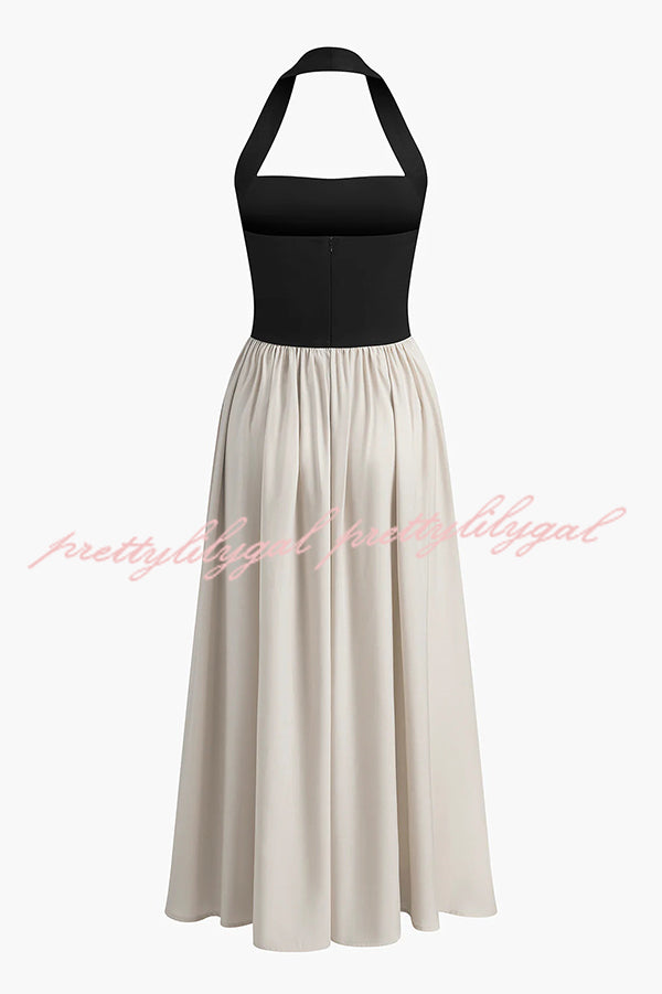 Fashion Contrast Color Stitching Sleeveless Backless Slim Maxi Dress
