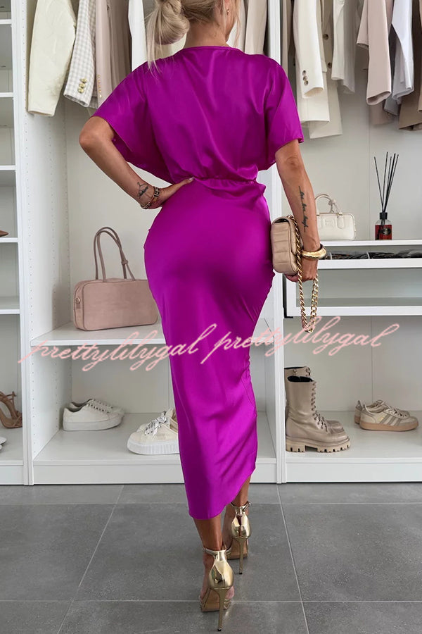 Satin Solid Color V-neck Cross Knot Slim Maxi Dress