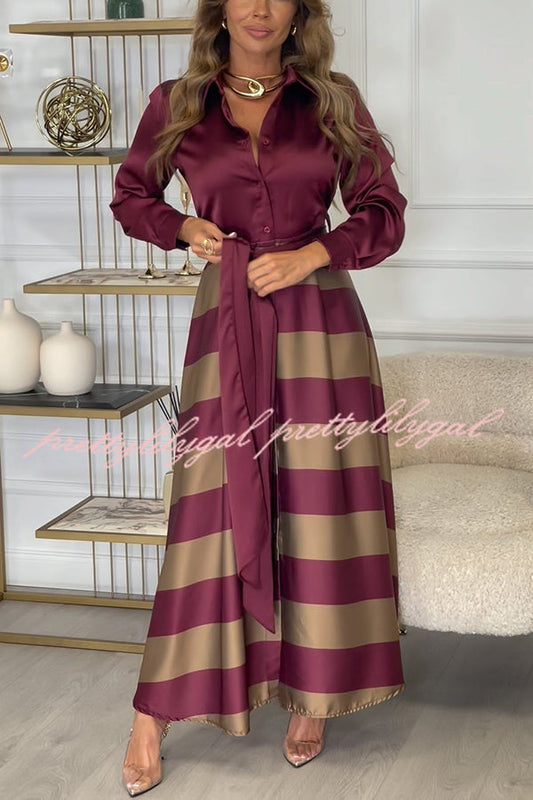 Lindsey Satin Colorblock Contrast Long Sleeve Belted Shirt Maxi Dress