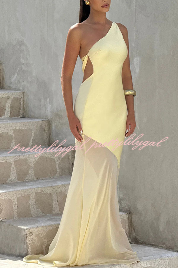 Fable Satin One Shoulder Back Adjustable Straps Contrast Chiffon Hem Maxi Dress