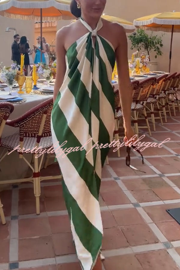 Most Dreamy Stripe Print Halter Tie-up Backless Pocket Loose Maxi Dress