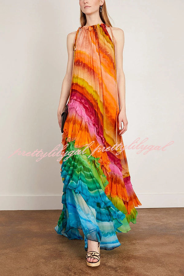 Rosha Georgette Crepe Tie-dye Print Layered Ruffles A-line Maxi Dress