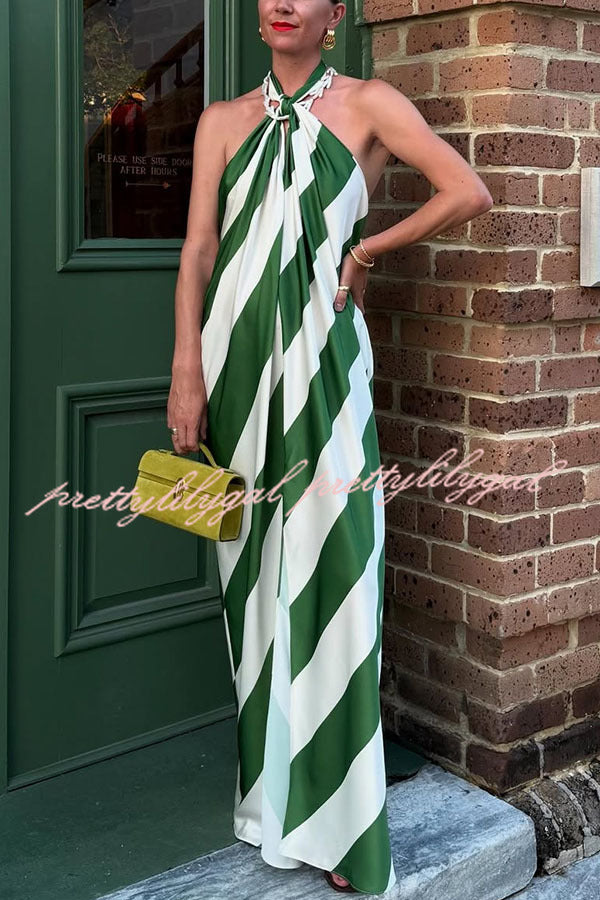 Most Dreamy Stripe Print Halter Tie-up Backless Pocket Loose Maxi Dress