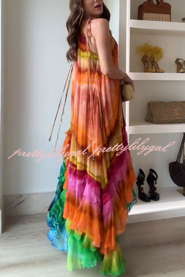 Rosha Georgette Crepe Tie-dye Print Layered Ruffles A-line Maxi Dress