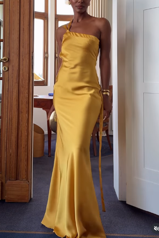 Moonlit Soiree Satin Asymmetrical One Shoulder Backless Strap Maxi Dress