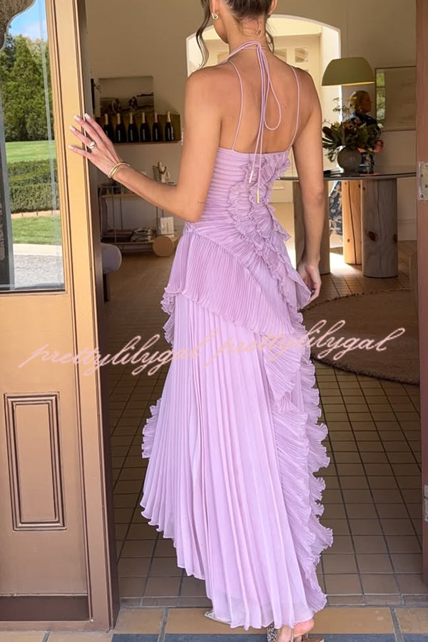 Dream Ode Lily Pad Style Pleats and Ruffles Halter Gown Maxi Dress