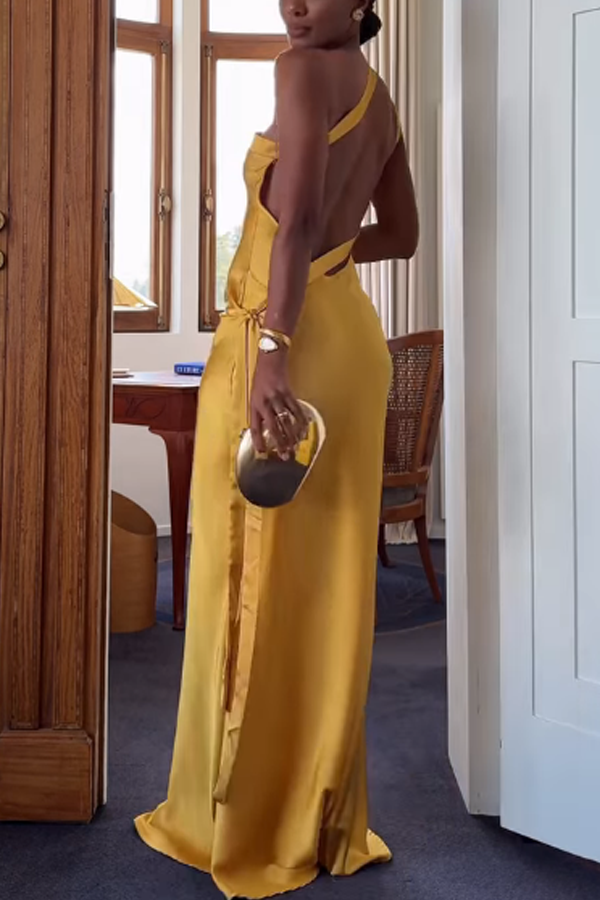 Moonlit Soiree Satin Asymmetrical One Shoulder Backless Strap Maxi Dress