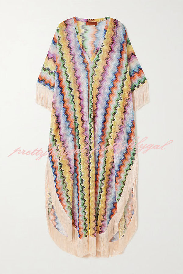 Mezcal Knit Colorful Zigzag Pattern Tassle Trim Loose Kaftan Maxi Dress