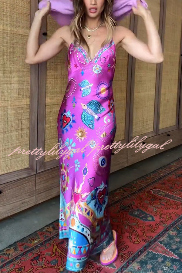 Effortless Chic Satin Unique Print Back Chain Detail Slip Maxi Dress