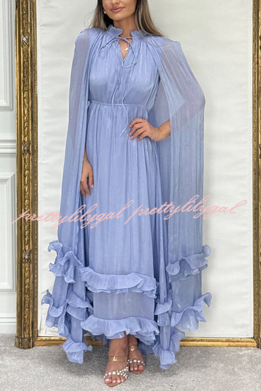 Fashionable V-neck Lace-up Ruffled Double-layer Hem Maxi Dress