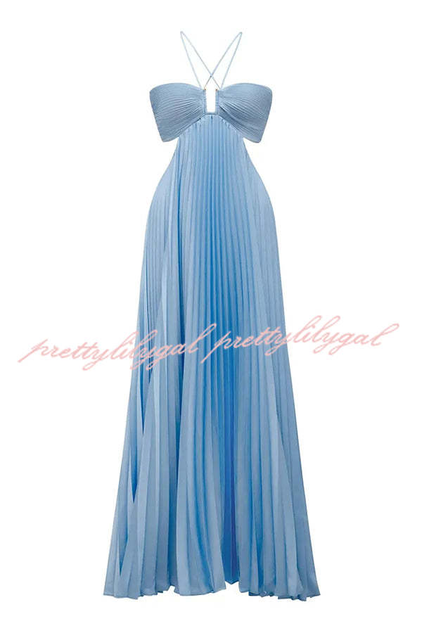 Caught Your Eye Satin Pleated Cross Straps Cutout Flowing Maxi Dress