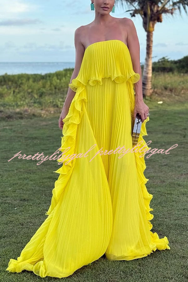 Reina Chiffon Pleated Wavy Ruffles Trim Strapless Loose Maxi Dress