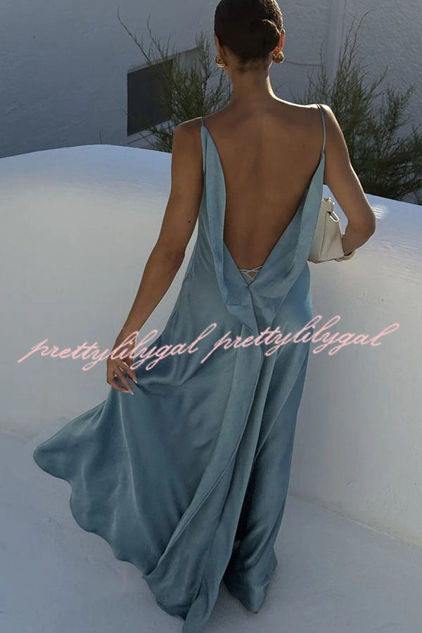 Flowing Elegance Satin Draped Neck Backless Ruffle Slit Maxi Dress