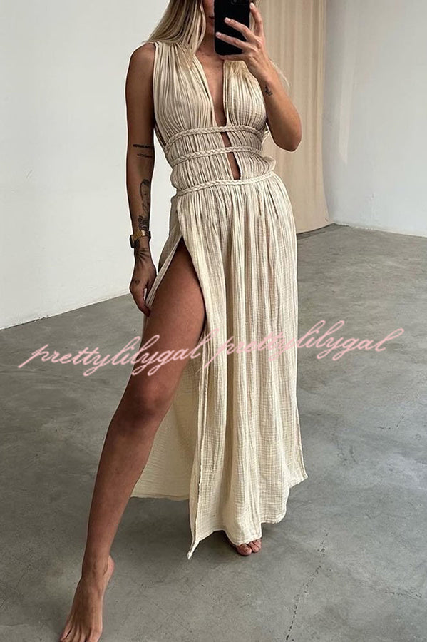 Boho with Elegance Linen Blend Braids Belt Cutout Slit Kaftan Maxi Dress