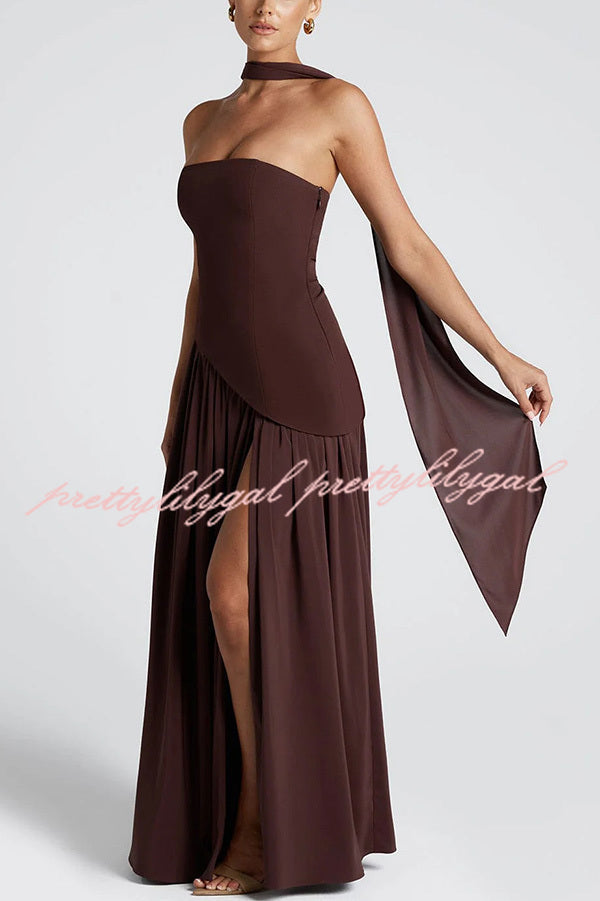 Elegant Off Shopulder Chiffon Pleated Hem Scarf Slit Maxi Dress