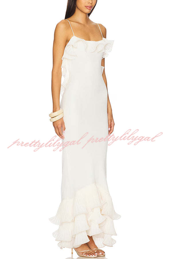 Alisin Pleated Chiffon Wavy Ruffles Trim Slip Maxi Dress