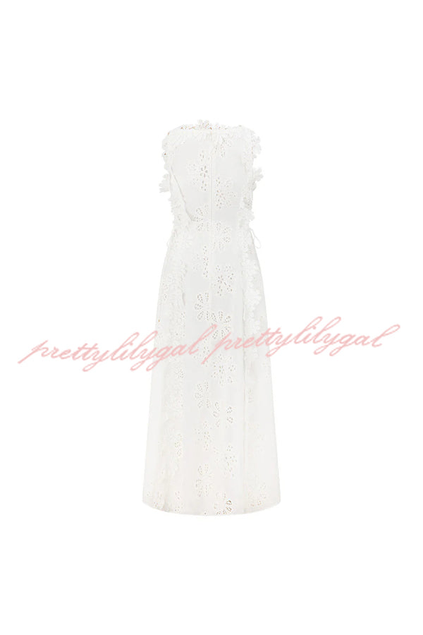 Mairi Embroidery Hollow Fabric Delicate Flower Trim Side Lace-up Maxi Dress