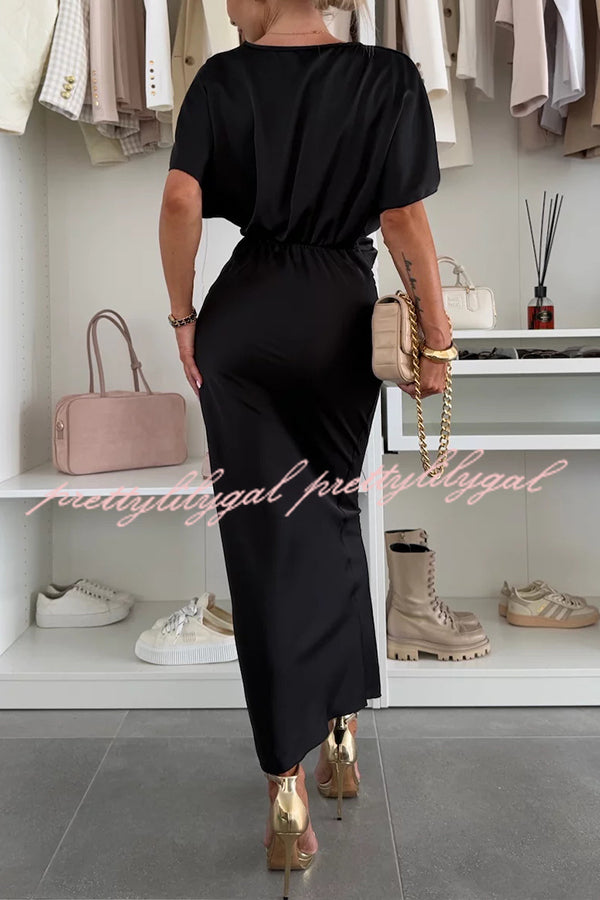 Satin Solid Color V-neck Cross Knot Slim Maxi Dress
