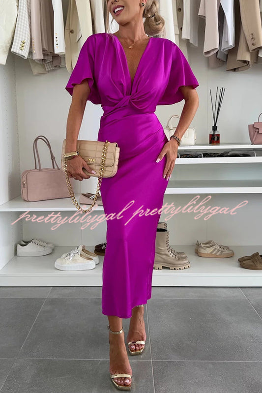 Satin Solid Color V-neck Cross Knot Slim Maxi Dress