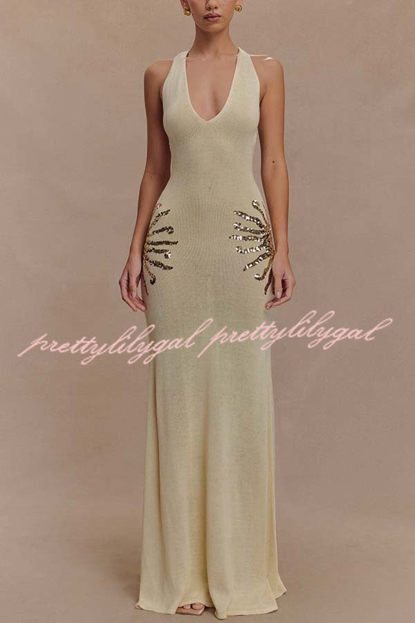 Sparkling Nights Knit Sunburst Sequin Detail Back Cross Straps Stretch Maxi Dress