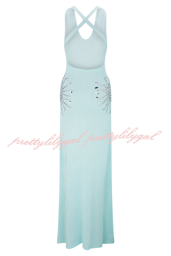 Sparkling Nights Knit Sunburst Sequin Detail Back Cross Straps Stretch Maxi Dress