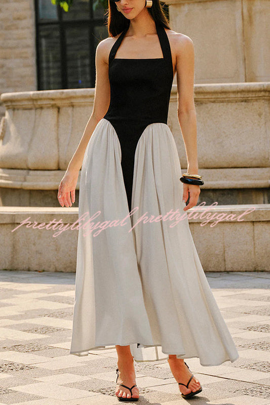 Fashion Contrast Color Stitching Sleeveless Backless Slim Maxi Dress