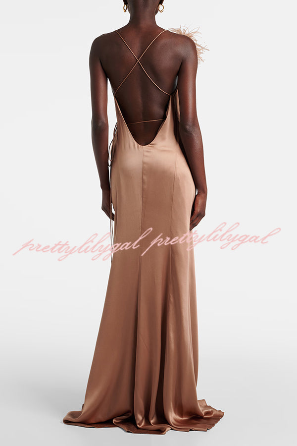 Celebration Night Satin Feather Trim Wrap Tie-up Slit Gown Maxi Dress
