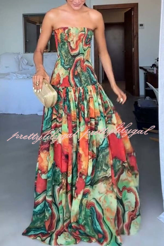 Vacay Vibes Colorful Lava Print Off Shoulder Smocked Scarf Maxi Dress