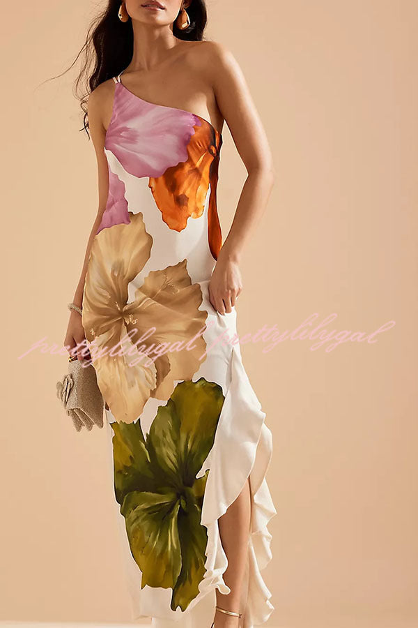 Love Filled Floral Print One Shoulder Side Ruffles Maxi Slip Dress