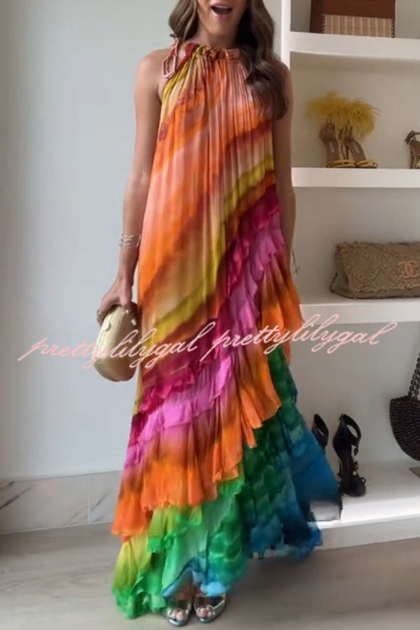 Rosha Georgette Crepe Tie-dye Print Layered Ruffles A-line Maxi Dress
