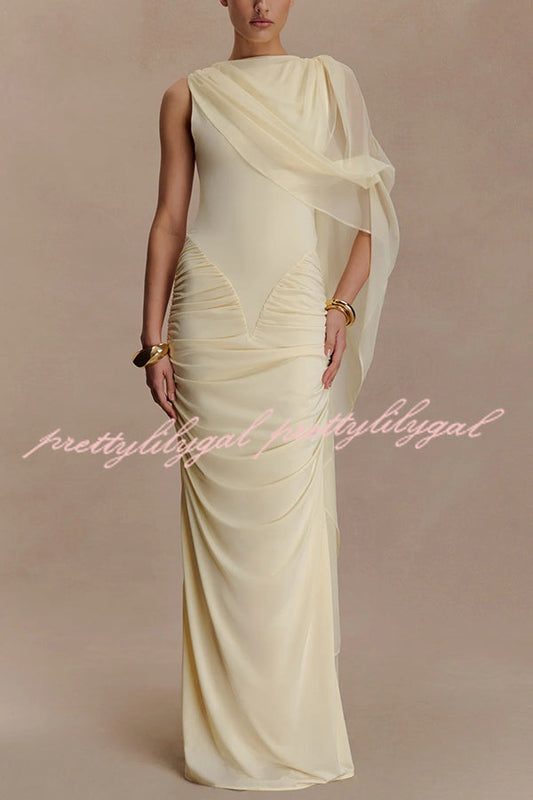 Fashionable Mesh Shawl Sleeveless Slim Fit Pleated Maxi Dress