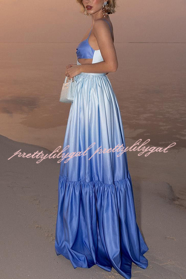Ocean Breeze Gradient Color Print Cutout Waist Tiered Maxi Dress