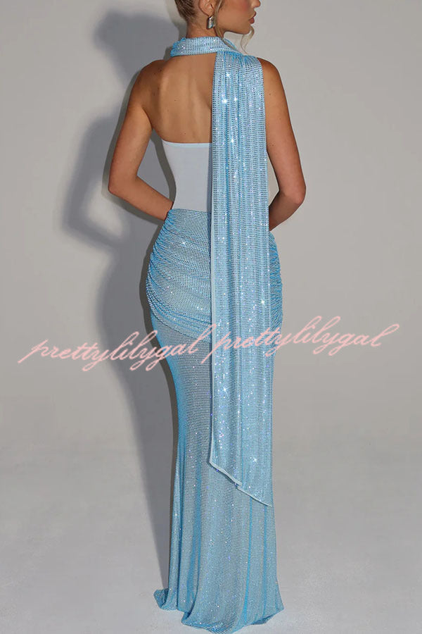 Kailani Sequin Strapless Mesh Cutout Waist Ruched Scarf Maxi Dress