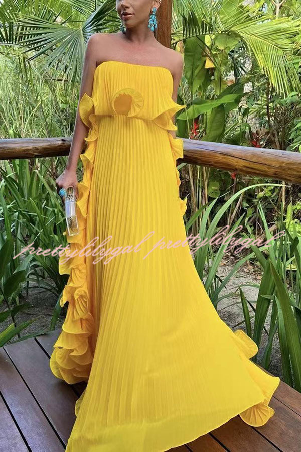 Reina Chiffon Pleated Wavy Ruffles Trim Strapless Loose Maxi Dress