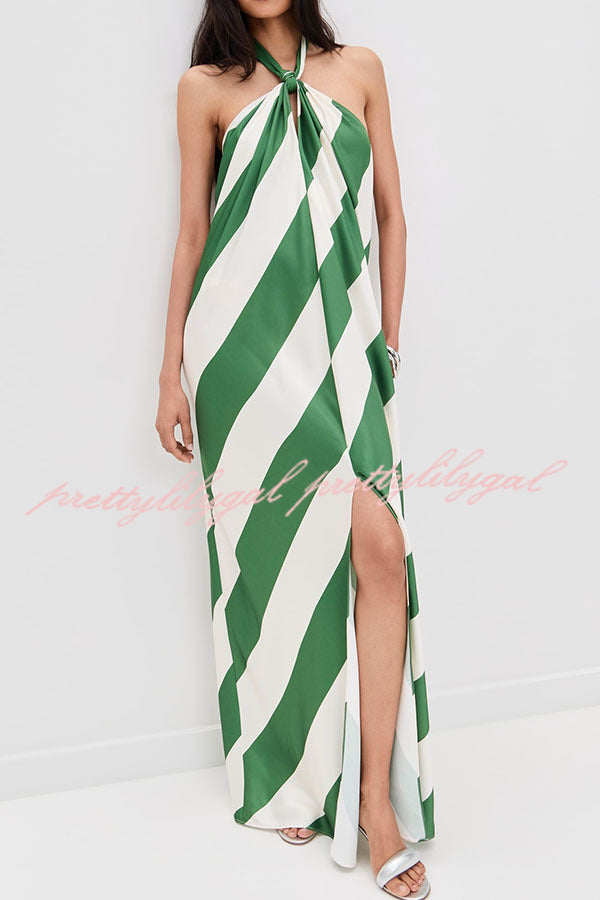 Most Dreamy Stripe Print Halter Tie-up Backless Pocket Loose Maxi Dress
