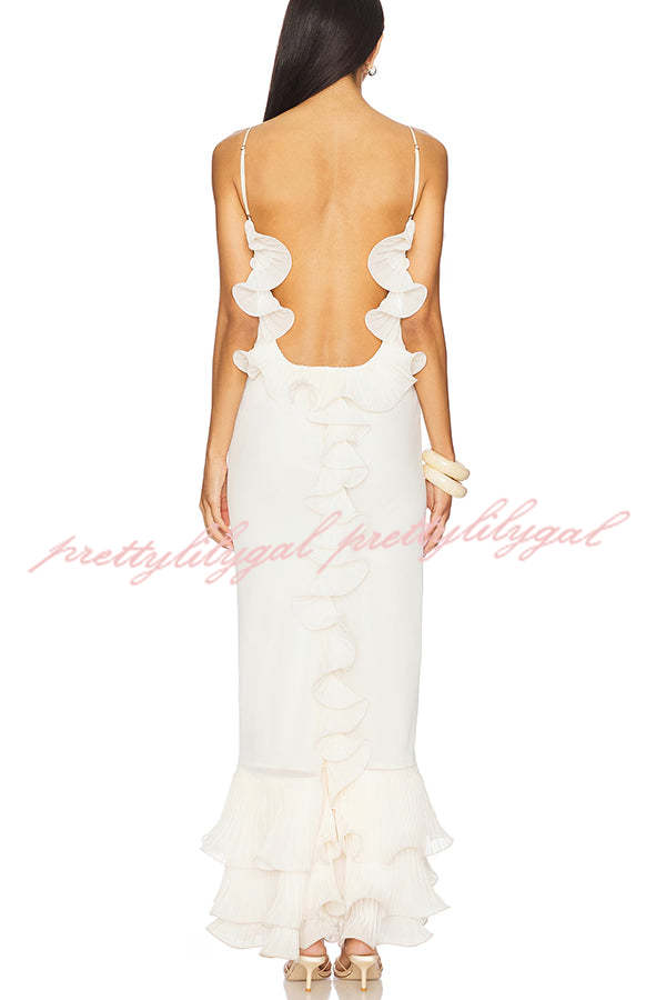 Alisin Pleated Chiffon Wavy Ruffles Trim Slip Maxi Dress