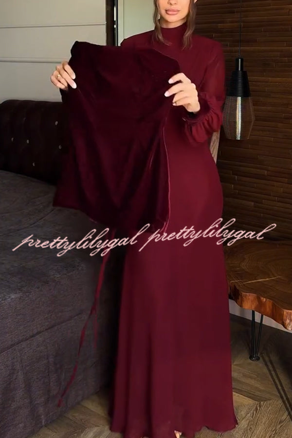 Hildie Chiffon and Two-piece Velvet Lace-up Bra High Neck Long Sleeve Maxi Dress