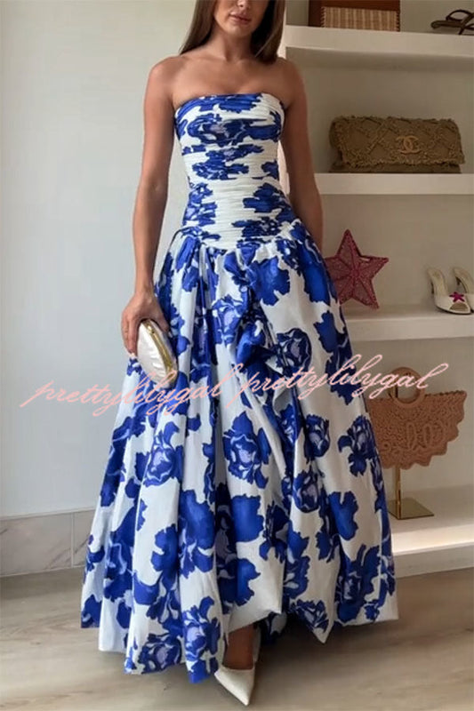 Perfect Moment Floral Off Shoulder Ruched Bodice Drape Bubble Hem Maxi Dress