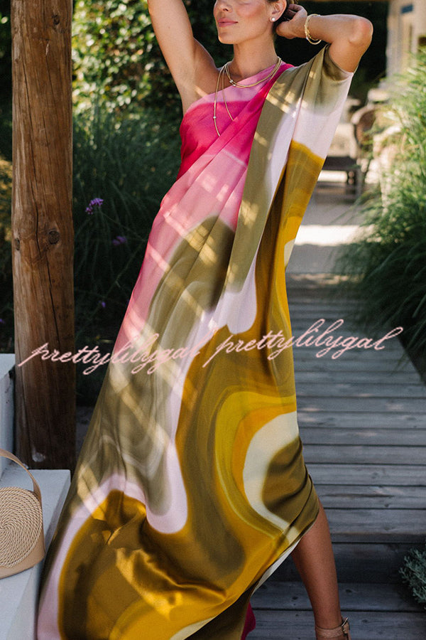 Summertime Favorites Satin Tie Dye Print One Shoulder Drape Vacation Maxi Dress