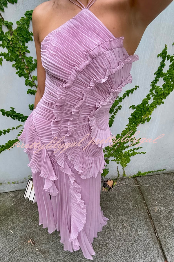 Dream Ode Lily Pad Style Pleats and Ruffles Halter Gown Maxi Dress