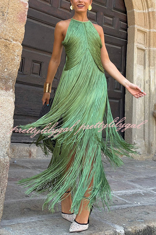Fashion Sleeveless Halter Neck Elegant Tassel Slim Maxi Dress